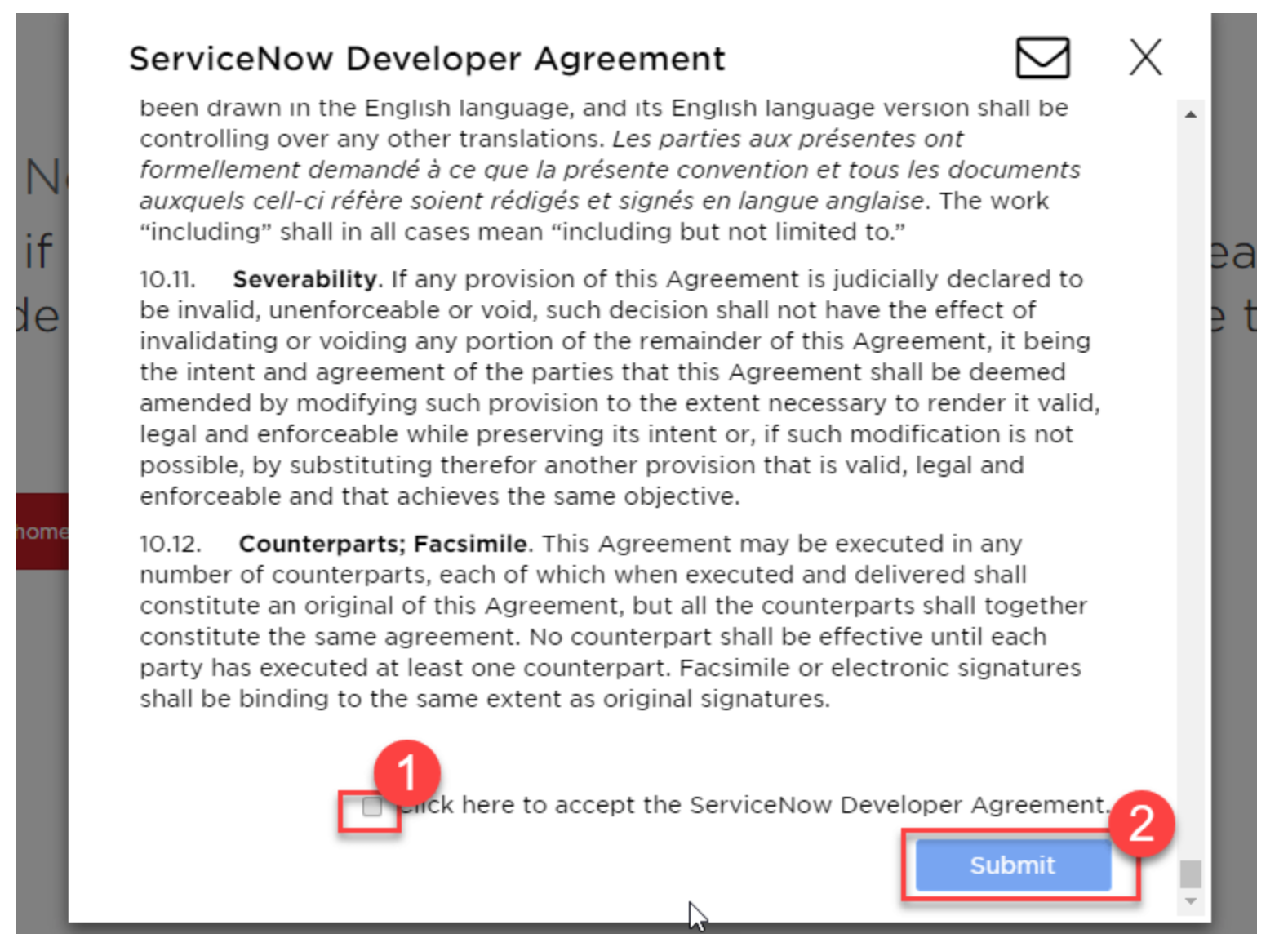 Developer agreement page